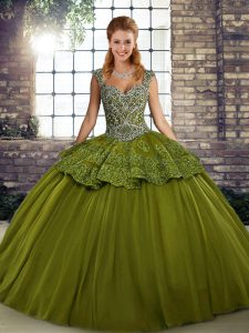 Olive Green Sweet 16 Dress Military Ball and Sweet 16 and Quinceanera with Beading and Appliques Straps Sleeveless Lace 
