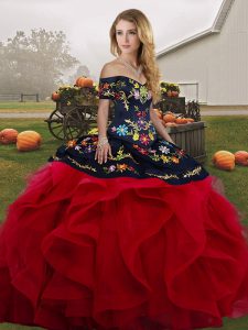 Custom Made Red And Black Off The Shoulder Lace Up Embroidery and Ruffles Quince Ball Gowns Sleeveless