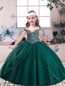 Cute Floor Length Dark Green Little Girl Pageant Gowns Straps Sleeveless Lace Up