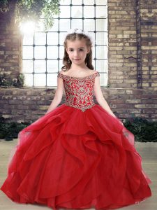 Off The Shoulder Sleeveless Tulle Little Girls Pageant Gowns Beading and Ruffles Lace Up