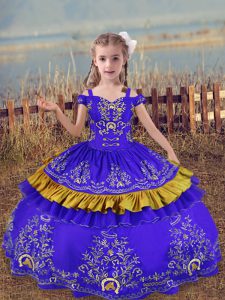 Blue Ball Gowns Off The Shoulder Sleeveless Satin Floor Length Lace Up Beading and Embroidery Pageant Dresses
