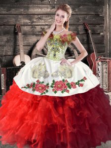 White And Red Ball Gowns Off The Shoulder Sleeveless Organza Floor Length Lace Up Embroidery and Ruffles 15 Quinceanera 