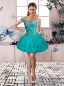 Teal Tulle Lace Up Off The Shoulder Sleeveless Mini Length Dress for Prom Beading and Ruffles