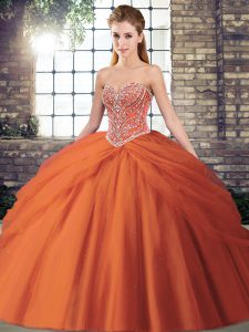 New Style Orange Red Quinceanera Dress Tulle Brush Train Sleeveless Beading and Pick Ups