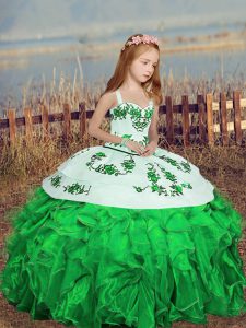 Green Ball Gowns Organza Straps Sleeveless Embroidery Floor Length Lace Up Pageant Dress for Teens