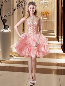 Sleeveless Organza Mini Length Lace Up Homecoming Dress in Pink with Beading and Ruffles