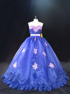 On Sale Zipper Quince Ball Gowns Blue for Sweet 16 and Quinceanera with Appliques Brush Train