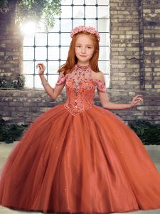 Floor Length Ball Gowns Sleeveless Rust Red Kids Pageant Dress Lace Up