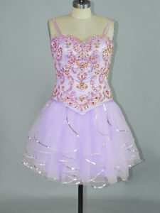 Lavender A-line Tulle Spaghetti Straps Sleeveless Beading and Ruffles Mini Length Lace Up Prom Party Dress