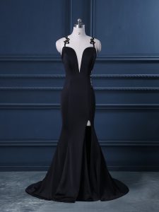 Custom Made Black Sleeveless Satin Brush Train Zipper Evening Dress for Prom and Party and Military Ball