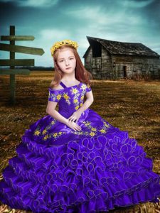 Customized Purple Organza Lace Up Off The Shoulder Short Sleeves Floor Length Kids Formal Wear Embroidery and Ruffled La