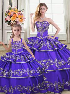 Elegant Purple Ball Gowns Strapless Sleeveless Satin and Organza Floor Length Lace Up Embroidery and Ruffled Layers Ball