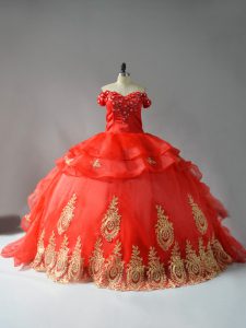 Perfect Off The Shoulder Sleeveless Court Train Lace Up Quinceanera Gown Red Organza