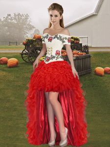 A-line Prom Gown Red Off The Shoulder Organza Sleeveless High Low Lace Up