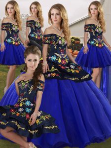 Edgy Floor Length Lace Up Quinceanera Dress Royal Blue for Military Ball and Sweet 16 and Quinceanera with Embroidery