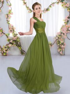 Floor Length Olive Green Bridesmaid Dresses Chiffon Sleeveless Ruching
