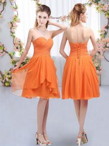 Flirting Orange Chiffon Lace Up Bridesmaid Dresses Sleeveless Knee Length Ruffles and Ruching