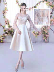 Elegant Tea Length Champagne Wedding Guest Dresses Satin 3 4 Length Sleeve Lace and Belt