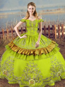 Classical Yellow Green Sleeveless Floor Length Embroidery Lace Up Quinceanera Gowns