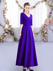 Sophisticated Ruching Wedding Guest Dresses Purple Zipper Half Sleeves Ankle Length