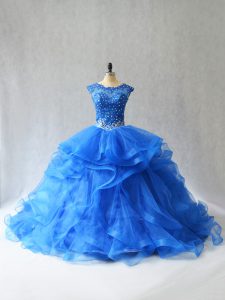 Designer Sleeveless Brush Train Lace Up Beading and Lace Sweet 16 Quinceanera Dress