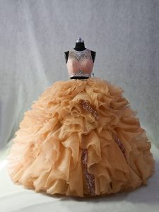 Exquisite Champagne Sleeveless Beading and Ruffles and Sequins Zipper Quinceanera Gown