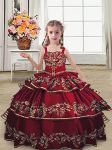 Ball Gowns Little Girl Pageant Dress Burgundy Straps Satin Sleeveless Floor Length Lace Up