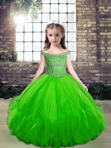 Hot Sale Off The Shoulder Sleeveless Tulle Pageant Dress for Girls Beading Lace Up