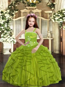 Olive Green Tulle Lace Up Pageant Dress Wholesale Sleeveless Floor Length Beading and Ruffles