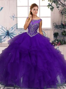 Purple Ball Gowns Organza Scoop Sleeveless Beading and Ruffles Floor Length Zipper Sweet 16 Quinceanera Dress
