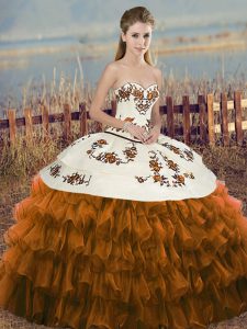 Brown Sweetheart Lace Up Embroidery and Ruffled Layers and Bowknot Quinceanera Dress Sleeveless