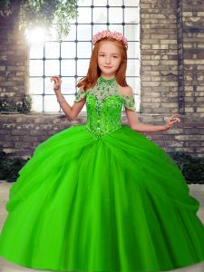 Green Sleeveless Floor Length Beading Lace Up Little Girls Pageant Dress Wholesale