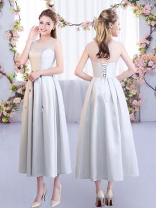 Silver Sleeveless Tea Length Appliques Lace Up Bridesmaids Dress