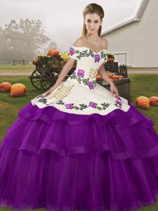 Stylish Purple Sweet 16 Dress Tulle Brush Train Sleeveless Embroidery and Ruffled Layers