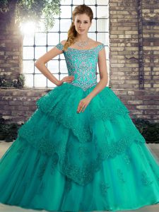 Edgy Beading and Lace Quinceanera Dresses Turquoise Lace Up Sleeveless Brush Train