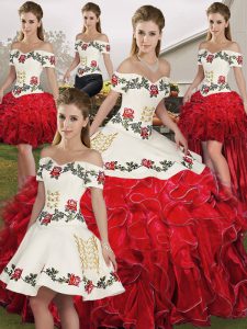 Luxurious White And Red Lace Up Off The Shoulder Embroidery and Ruffles Vestidos de Quinceanera Organza Sleeveless