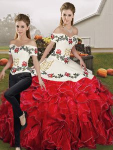 White And Red Off The Shoulder Lace Up Embroidery and Ruffles Quinceanera Dresses Sleeveless