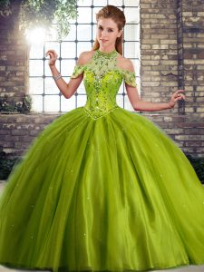 Olive Green Ball Gowns Tulle Halter Top Sleeveless Beading Lace Up 15th Birthday Dress Brush Train