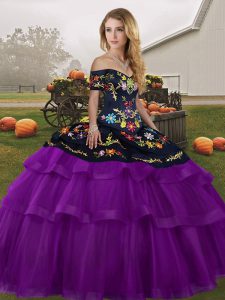 Eye-catching Black And Purple Sleeveless Tulle Brush Train Lace Up Sweet 16 Dresses for Military Ball and Sweet 16 and Q