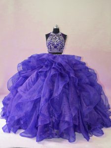 Attractive Beading and Ruffles 15th Birthday Dress Purple Backless Sleeveless Brush Train