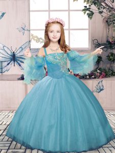 Discount Blue Sleeveless Floor Length Beading Lace Up Little Girl Pageant Dress