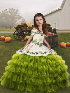 Perfect Floor Length Lace Up Kids Formal Wear Olive Green for Party and Military Ball and Wedding Party with Ruffled Lay