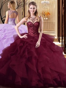 Burgundy Sweet 16 Dresses Military Ball and Sweet 16 and Quinceanera with Beading and Ruffles Scoop Sleeveless Brush Tra