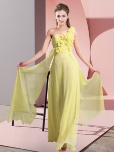 Modern Yellow Chiffon Lace Up One Shoulder Sleeveless Floor Length Vestidos de Damas Hand Made Flower