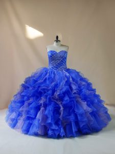 Floor Length Royal Blue Quince Ball Gowns Organza Sleeveless Beading and Ruffles