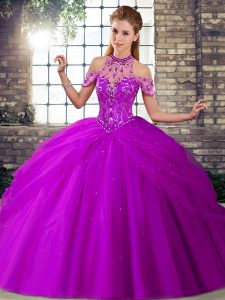 Beading and Pick Ups Quinceanera Gowns Purple Lace Up Sleeveless Brush Train