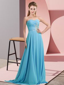 Traditional Chiffon Sweetheart Sleeveless Lace Up Beading Prom Gown in Aqua Blue