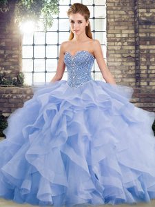 Deluxe Sweetheart Sleeveless Tulle Sweet 16 Quinceanera Dress Beading and Ruffles Brush Train Lace Up