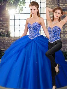 Royal Blue Tulle Lace Up Quinceanera Dress Sleeveless Brush Train Beading and Pick Ups