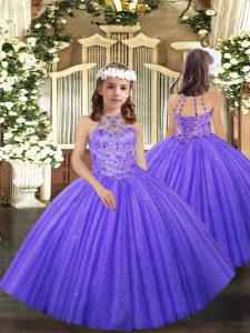 Lavender Ball Gowns Beading and Ruffles Little Girl Pageant Gowns Lace Up Tulle Sleeveless Floor Length